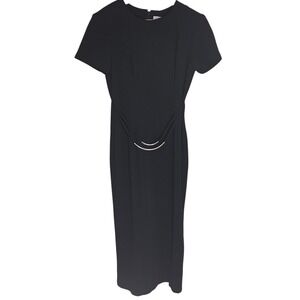 Scarlett VTG Black Short Sleeve Sheath Midi Dress Silver Detail Size 9/10 Chic